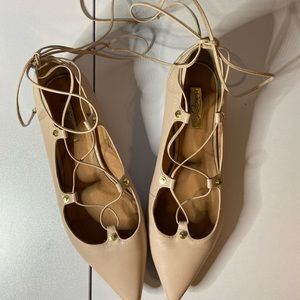 Leather Ankle Lace Up Flats - Gold Detailing